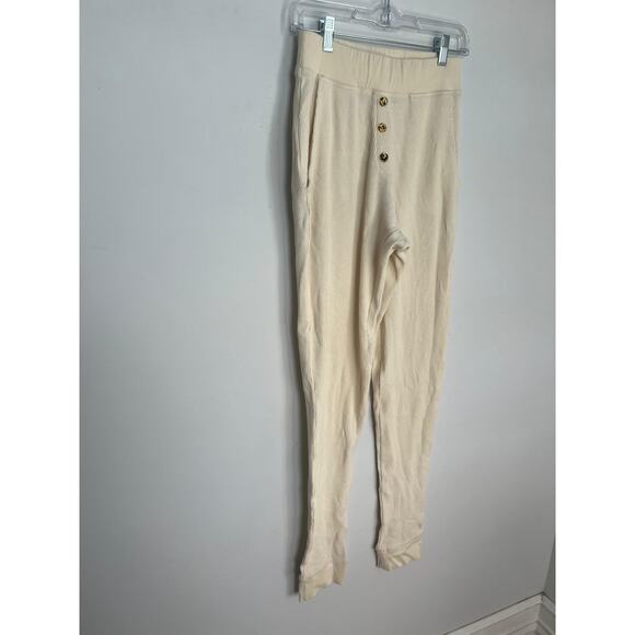 Donni Thermal Lounge Pants Women M Cream Button Front Ribbed Pull On - Picture 7 of 8